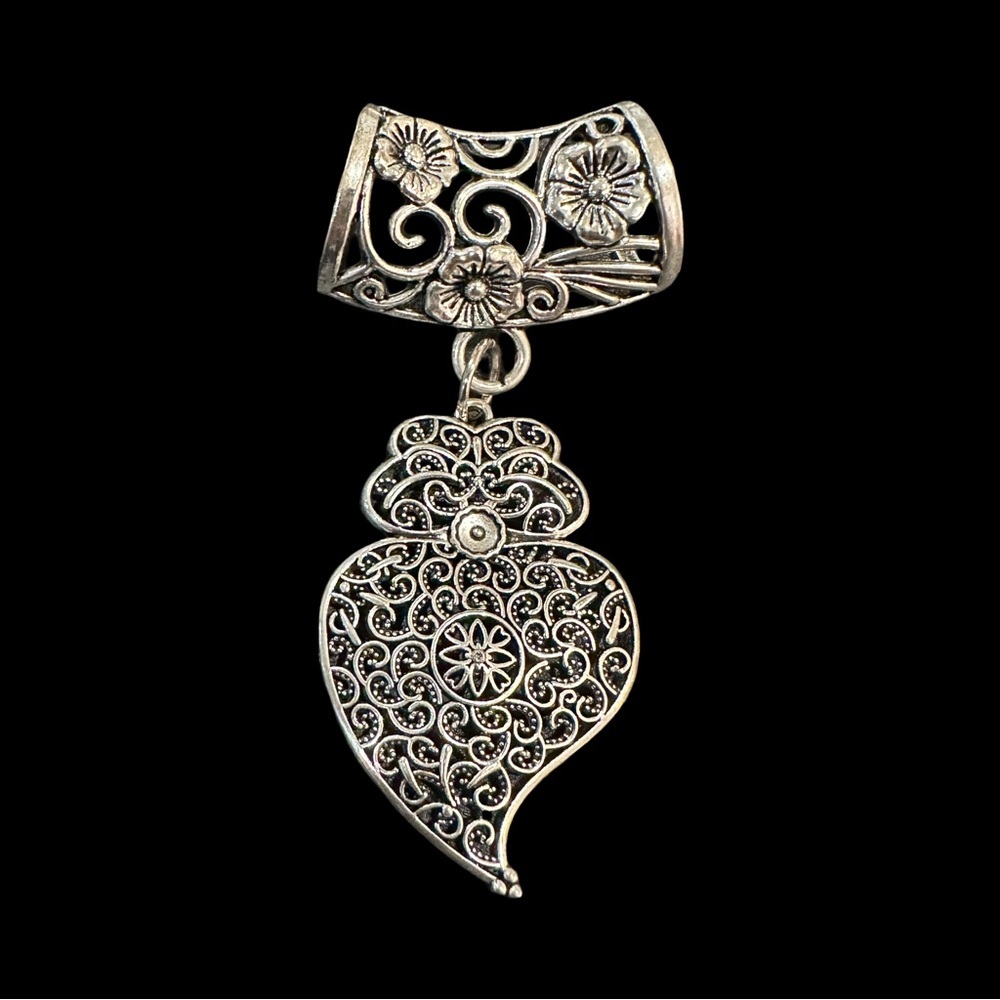 Scarf Slide Pendant Silver Tone Floral Boho